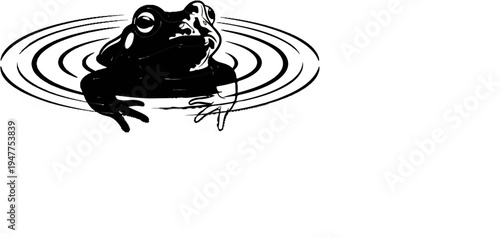 Stylized black frog surfacing in rippling water