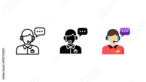 Customer service representatives with headsets talking vector illustration, flat design call center agents, communication support team scalable graphic
