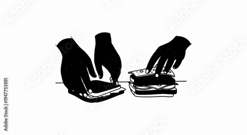 Stylized black hands assemble two layered sandwiches on a white background