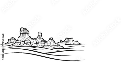 Stylized black ink drawing of arid desert mesas and rolling hills under an empty sky
