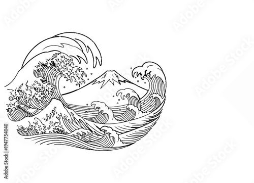 Stylized black ink drawing of powerful ocean waves with a distant conical mountain peak