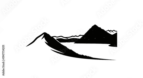 Stylized black ink silhouette of mountains reflecting in water