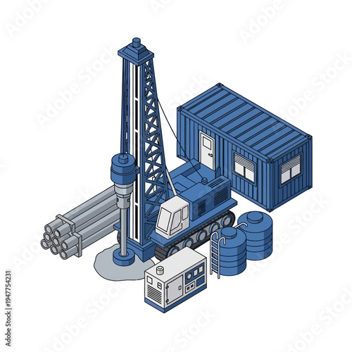 Isometric illustration of a drilling rig with associated equipment, including pipes, a generator, water tanks, and a shipping container, set against a white background.