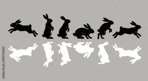 Black and white rabbit silhouettes in various poses.