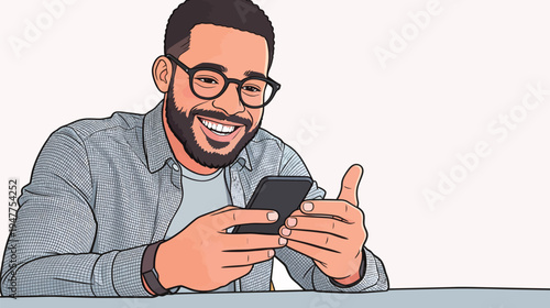 A man with glasses looks at his smartphone and smiles while sitting at a table. He seems happy and engaged in his activity.