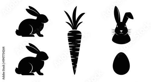 Black silhouettes of Easter bunnies, a carrot, and an egg on a white background.