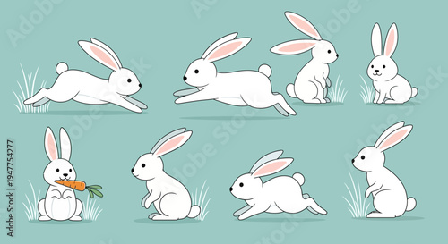 Collection of adorable white rabbits in various playful poses.