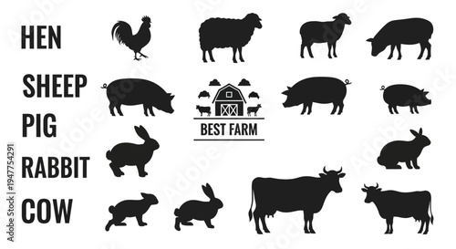 Collection of various farm animals in silhouette, perfect for agricultural themes.