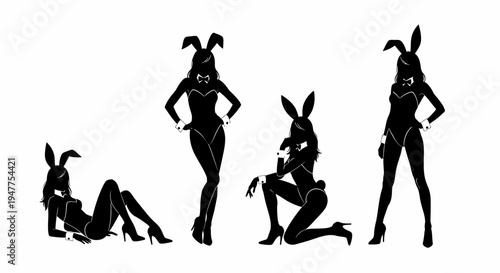 Silhouettes of women in bunny costumes posing in various alluring stances.