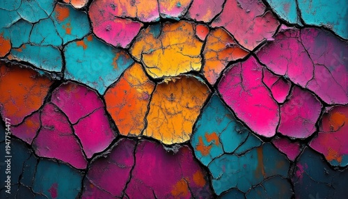 vibrant cracked paint mosaic in teal, magenta, orange and yellow — peeling weathered surface with dramatic contrast and energetic abstract texture