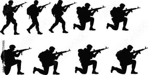 Military soldier silhouettes in tactical combat poses aiming rifles, army infantry action set isolated on white background, war training concept, defense forces, security and