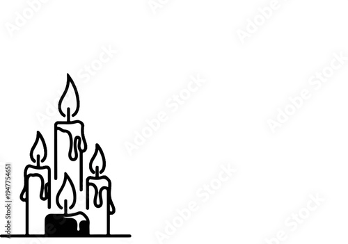 Stylized black line art depiction of four burning candles with dripping wax
