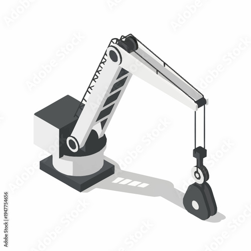 Isometric illustration of an industrial robotic arm with a gripper, casting a shadow.