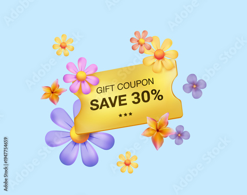 Vector spring sale banner with colorful spring and summer flowers 3D vector, and clouds. Seasonal discount poster, promo holiday flyer or coupon design template. Discount offer, marketing poster
