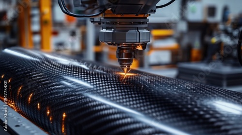 Robotic laser cutting a glossy carbon fiber composite sheet in an industrial workshop with glowing sparks and precise high-tech craftsmanship