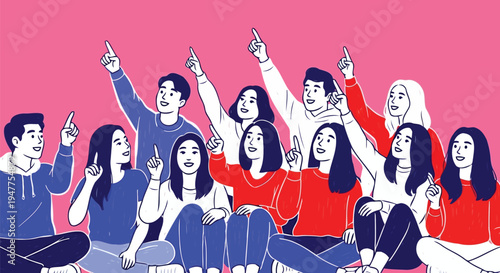 Asian young adults pointing upwards together in line art style