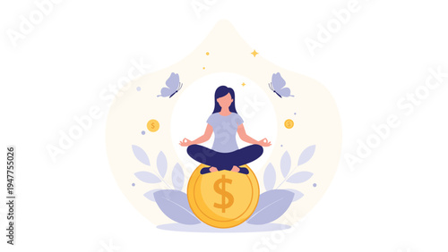 Peaceful woman meditating in a lotus pose while sitting on a large gold dollar coin surrounded by leaves and butterflies for wealth.