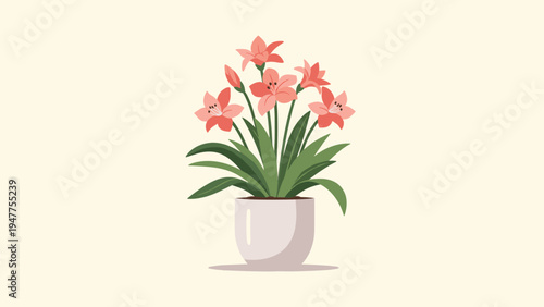 Beautiful potted lily plant with several blooming pink flowers and green leaves in a white ceramic pot against a soft beige background.