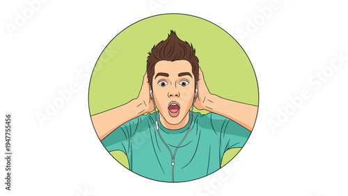 Shocked young man with a spiked hairstyle covering his ears while wearing white earphones as a reaction to loud music or a surprise.