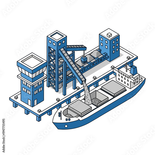 Isometric illustration of a cargo ship being loaded with bulk material at a port facility with conveyor belts and towers.