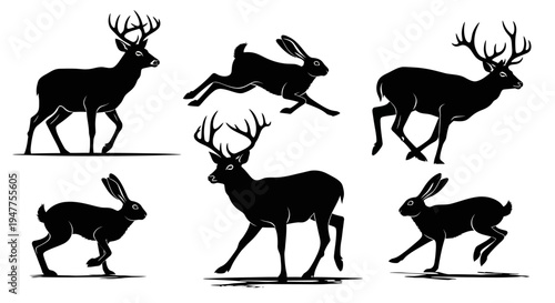Silhouettes of deer and rabbits in various poses, black and white illustration.