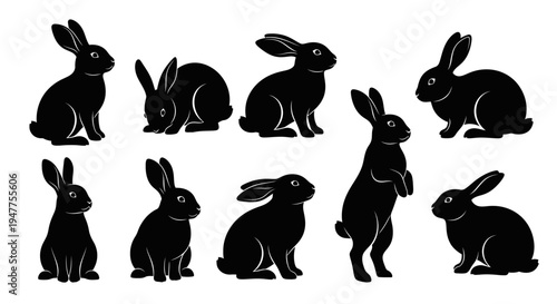 Collection of black rabbit silhouettes in various poses on a white background.