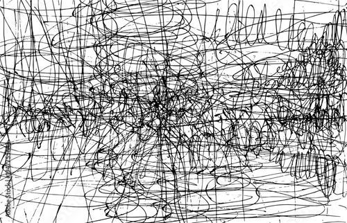 Hand-drawn monochrome line art with rough intersecting scratches and swirling lines