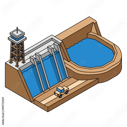 Isometric illustration of a large hydroelectric dam with a control tower and a vehicle on a road.