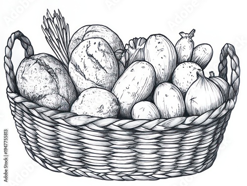 hand-drawn wicker basket overflowing with crusty bread loaves, potatoes, onions and wheat stalks, a rustic wholesome comforting still life