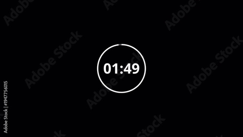  2 minute countdown timer complete in one minute with transparent background, 120 to 0 seconds timer video in 4k, two minute timer. 