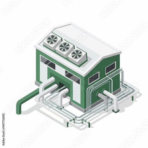 Isometric illustration of a green industrial building with multiple pipes and ventilation units on the roof, representing a factory or processing plant.