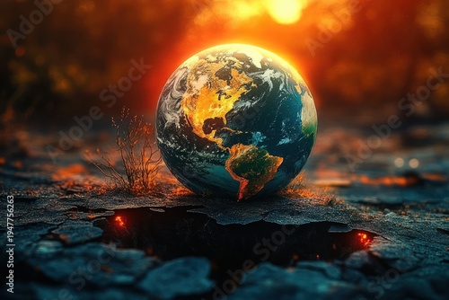 Glowing Earth globe resting on cracked, scorched ground above a glowing fissure, surrounded by embers and dry plants under a fiery orange sky — ominous and urgent
