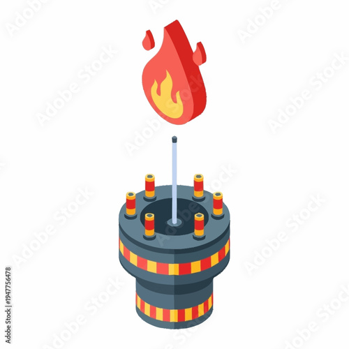 Isometric illustration of a flare stack burning off excess gas at an industrial facility, symbolizing energy production and safety.
