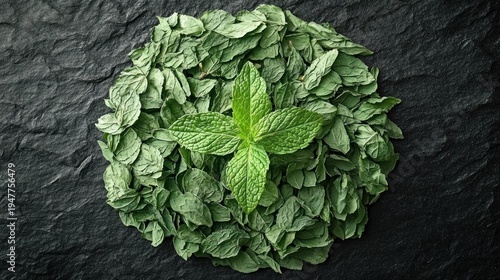fresh mint sprig resting on a circular pile of dried mint leaves on dark slate, bright green freshness contrasted with textured black background