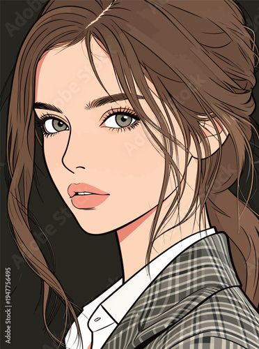 A woman with brown hair looks directly at the viewer while wearing a checkered suit in front of a dark background.