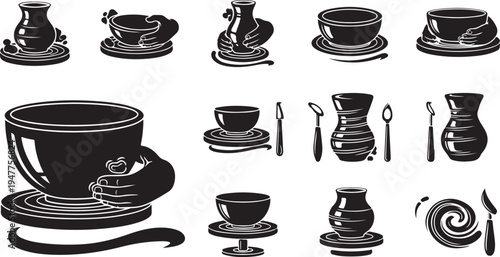 Black and white coffee cup icon set collection