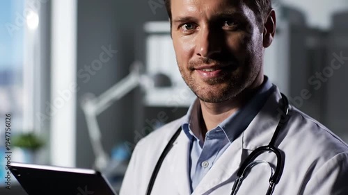 Professional Caucasian male doctor with stethoscope around neck holding a tablet and smiling confidently in a well-lit clinic setting