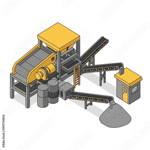Isometric illustration of a modern industrial crushing and screening plant with conveyor belts and a small control booth.