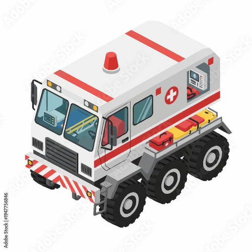 Isometric illustration of a rugged, all-terrain ambulance vehicle designed for challenging environments, featuring a spacious cabin and medical equipment storage.