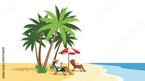 Relaxed couple sitting in lounge chairs under a red umbrella on a tropical beach with palm trees and a view of the calm blue ocean.