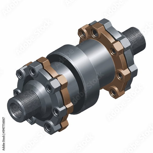 Isometric view of a mechanical component with threaded ends and bolted flanges.