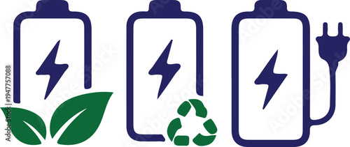 eco battery bule line three icon set vector illustration 