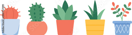 Colorful illustration of potted plants on a white background.