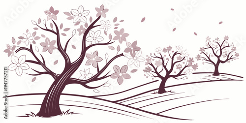 A group of trees with pink blossoms on a snowy hill Vector