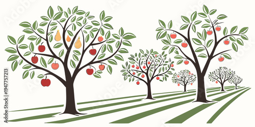 A group of trees with apples on a grassy field Vector