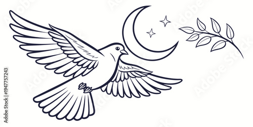 A bird flies under the crescent moon with stars Vector