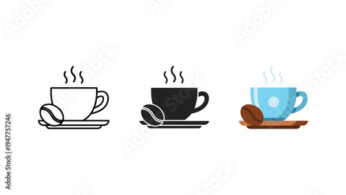 Three coffee cups with steam rising vector illustration, minimalist flat design, morning routine concept scalable graphic