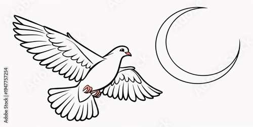 A white dove flying next to a crescent moon Vector