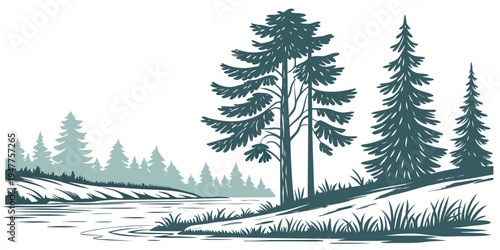 A serene winter landscape with pine trees on a snowy hill Vector