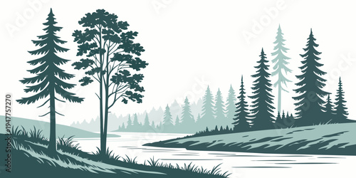 A serene landscape with a river and trees Vector